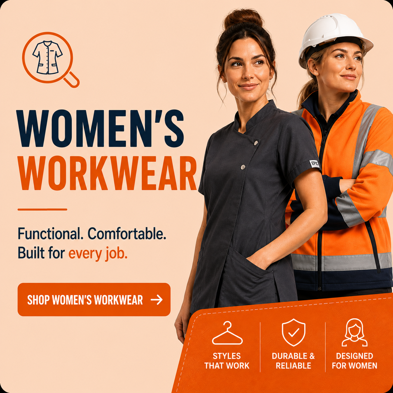 Women wearing construction workwear and salon tunic style top