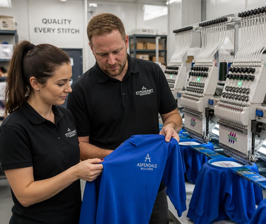 Embroidery machine stitching a company logo onto a polo shirt
